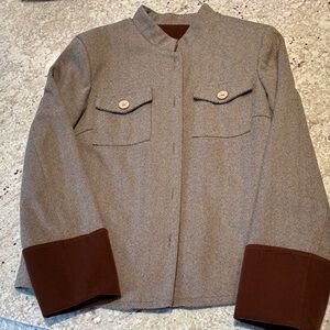 Quince Brown Herringbone Mandarin Collar Blazer with Dark Brown Cuffs